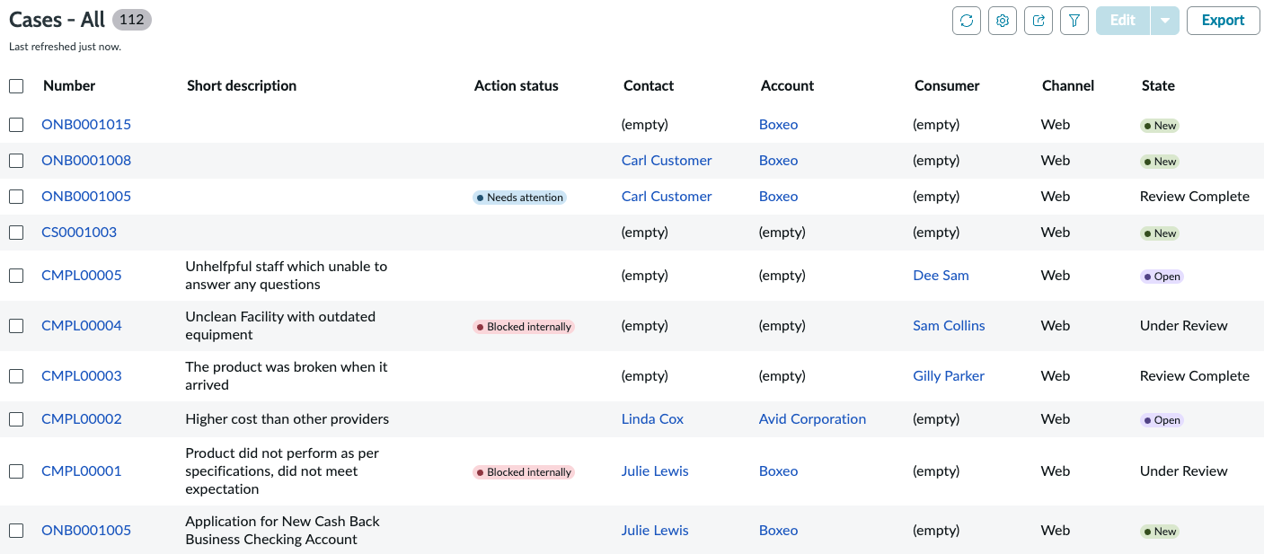 Customer Service Case Action Status