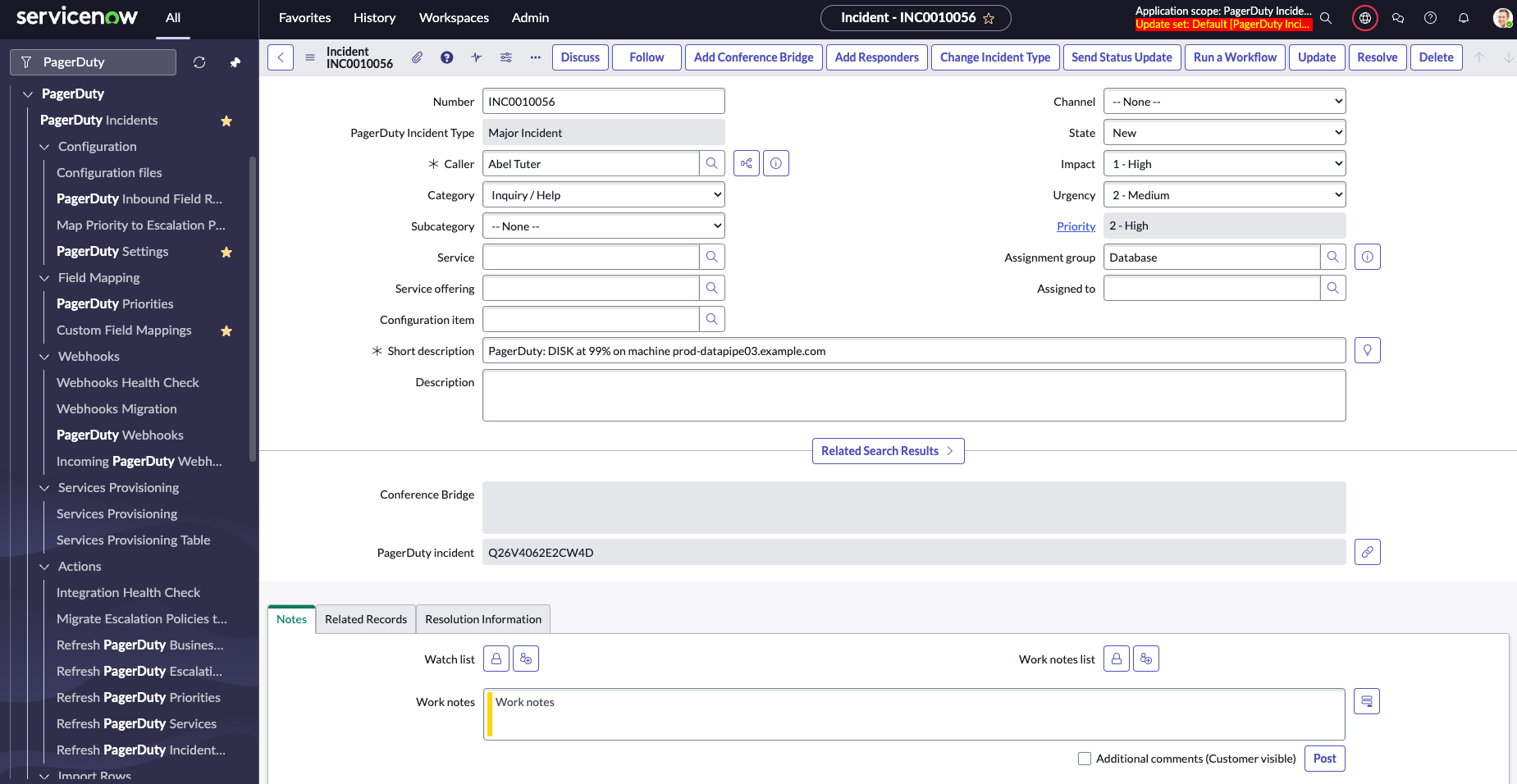 PagerDuty actions in ServiceNow