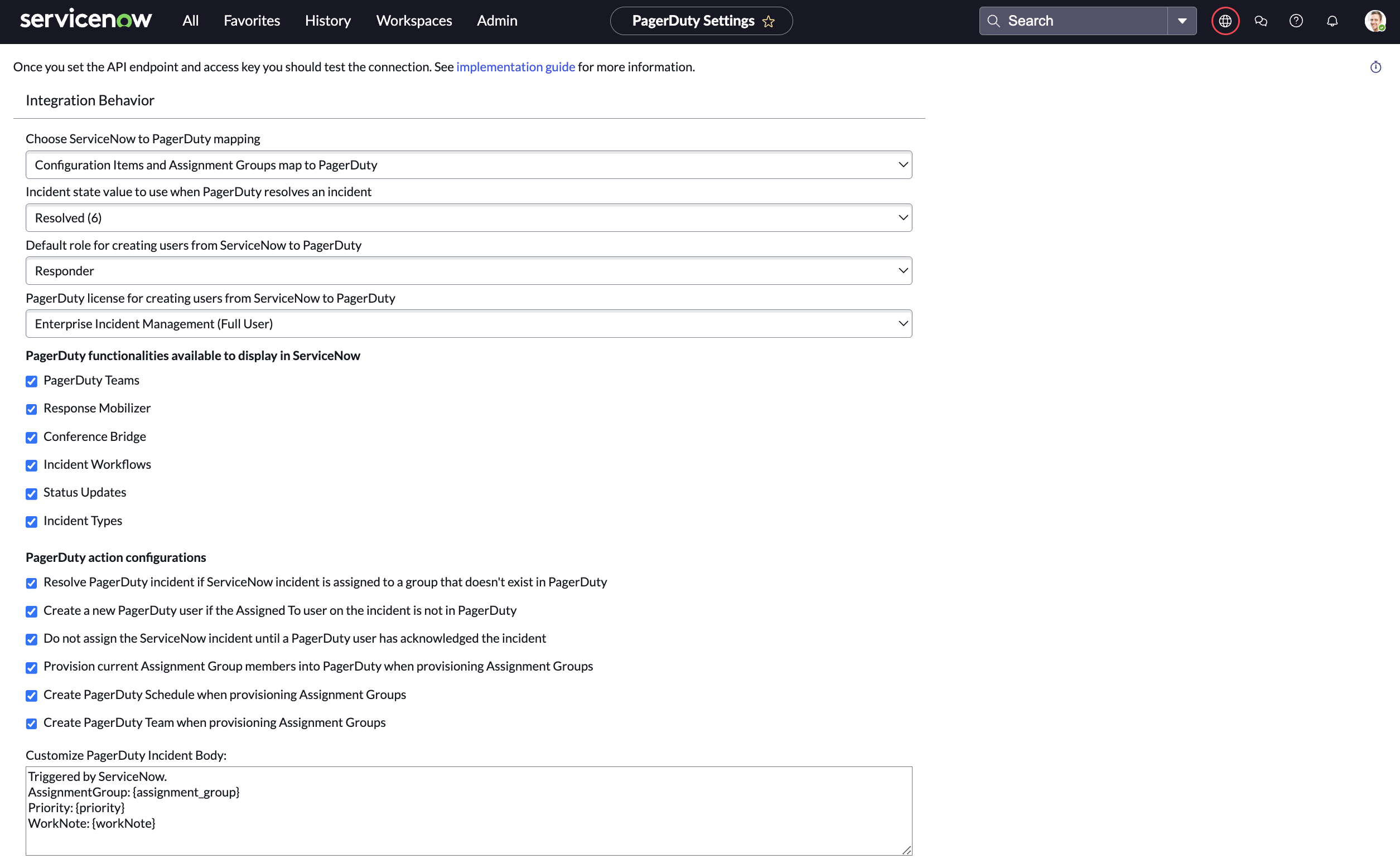 PagerDuty Settings page in ServiceNow