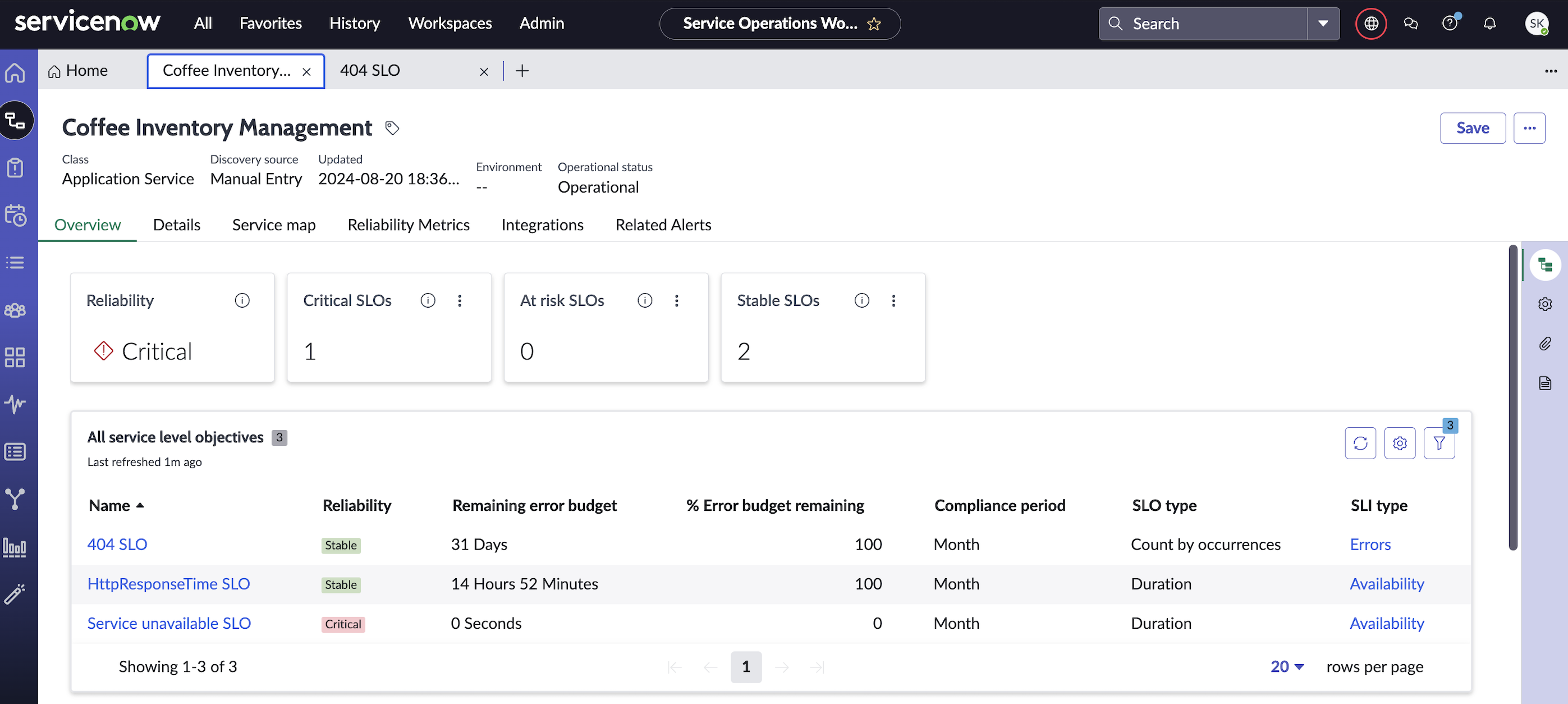 Service Level Objective Management for Service Operations Workspace