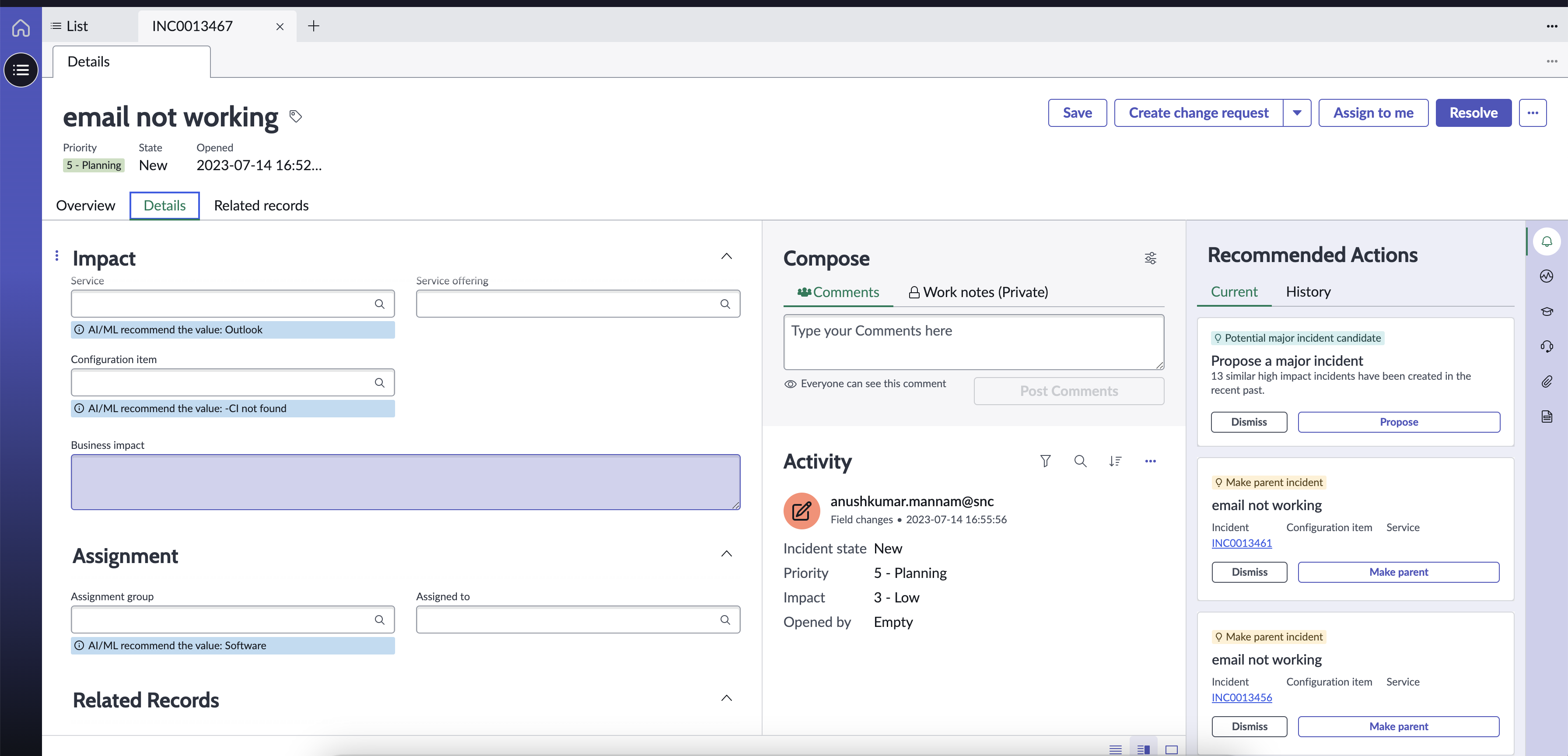 Advanced actions for ITSM ServiceNow App